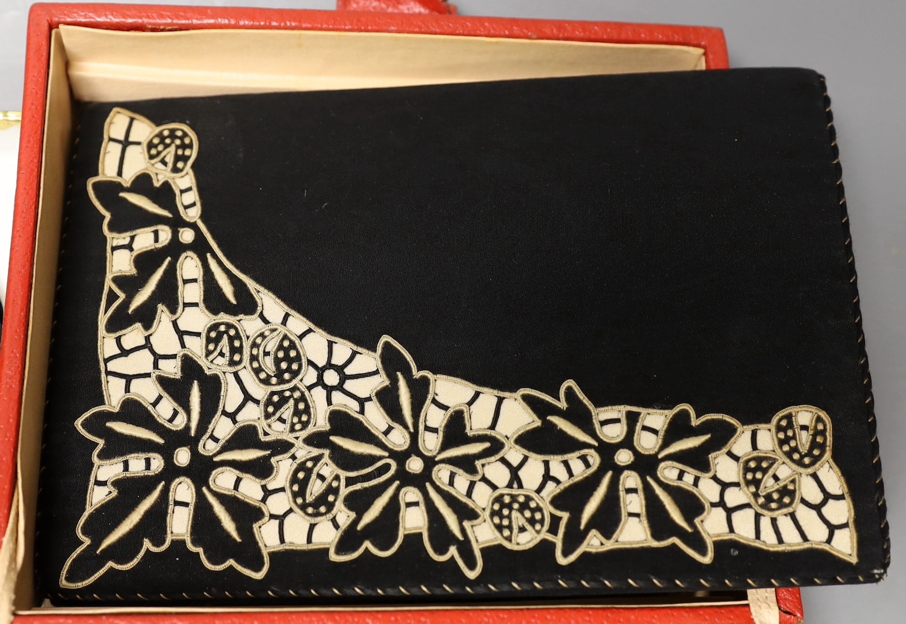 A 19th century cut steel, black velvet bag, a1940’s-50’s diamanté handled clutch bag, 1930’s embroidered clutch bag, together with four later black beaded evening bags